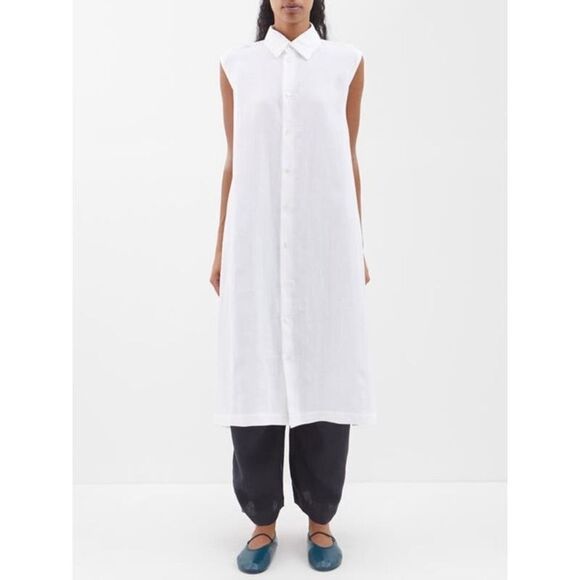 ESKANDAR   Slim A-line Sleeveless Shirtdress With Collar In White size 1 - Picture 1 of 8